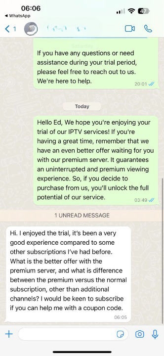 WhatsApp conversation about IPTV services